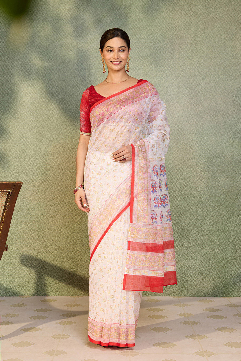 Off White Pure Silk Cotton Block Printed Bengal Saree image number null