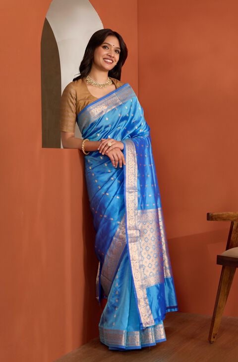Blue Silk Viscose Banaras Cutwork Saree