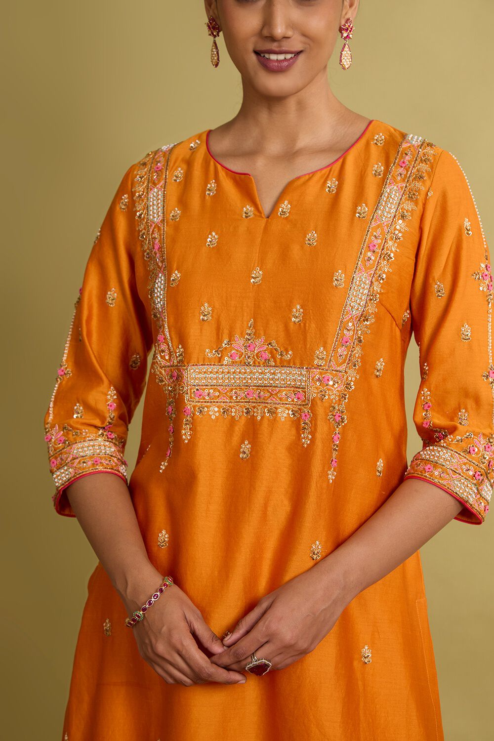 Orange Pure Silk Cotton Embroidered Kurta Set image number null