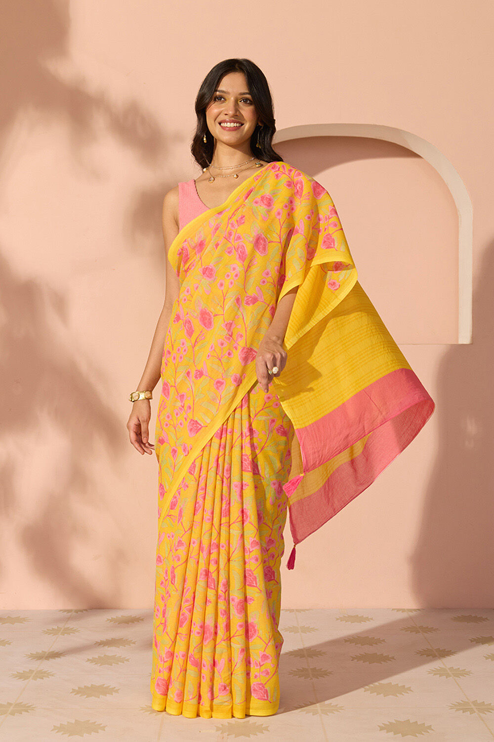 Yellow Bengal Screen Printed Pure Cotton Mulmul Saree image number null