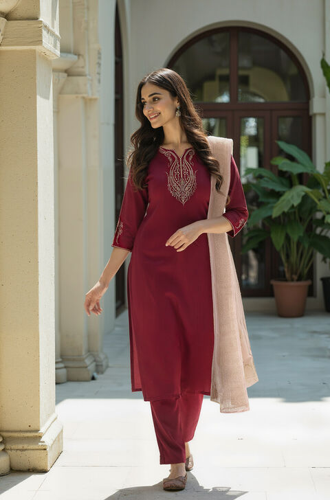Dark Pink Embroidered Pure Viscose Kurta Set