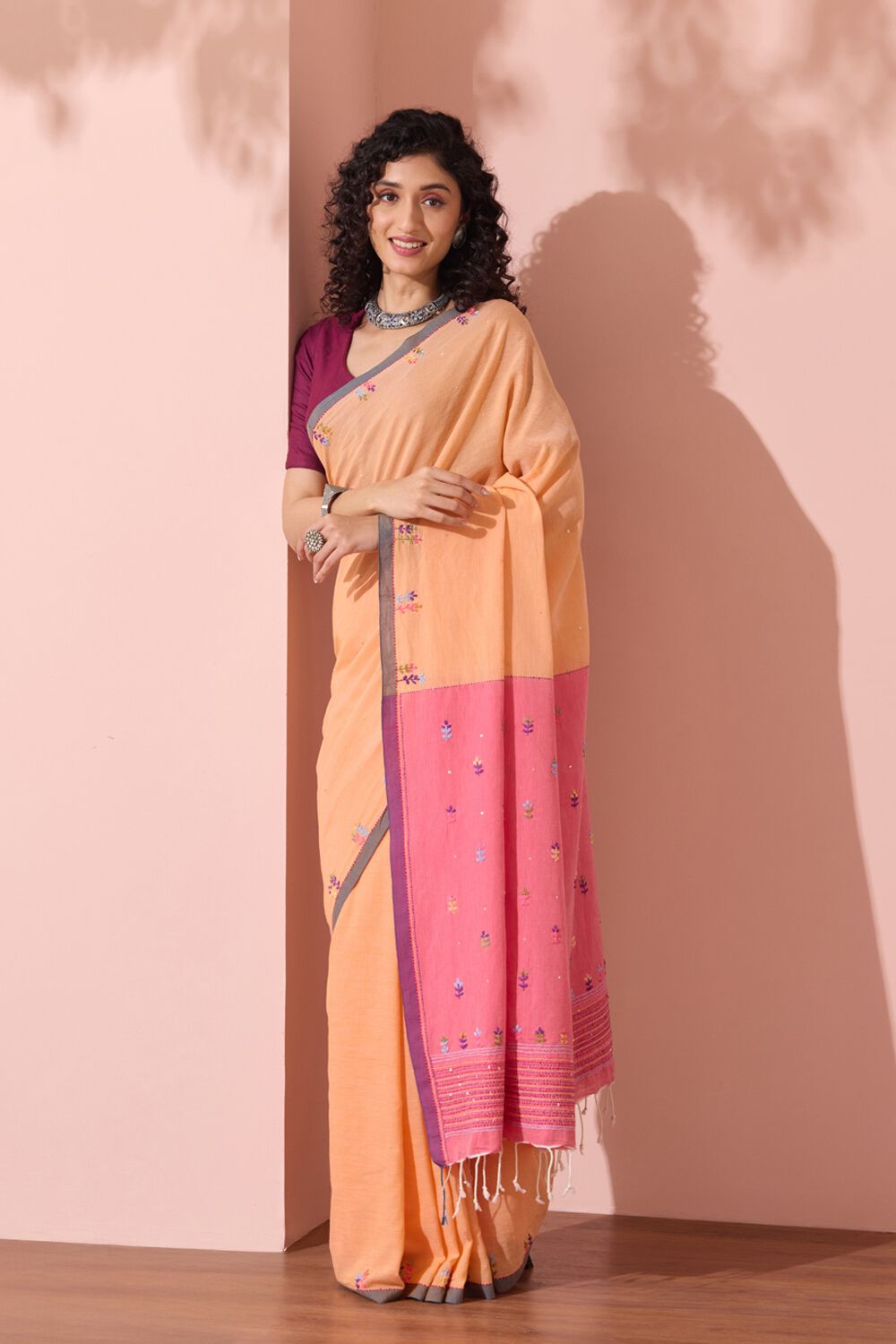 Light Orange Bengal Pure Cotton Embroidered Saree image number null