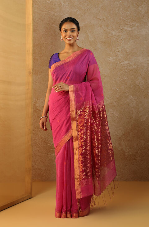 Pink Woven Pure Silk Cotton Bengal Saree