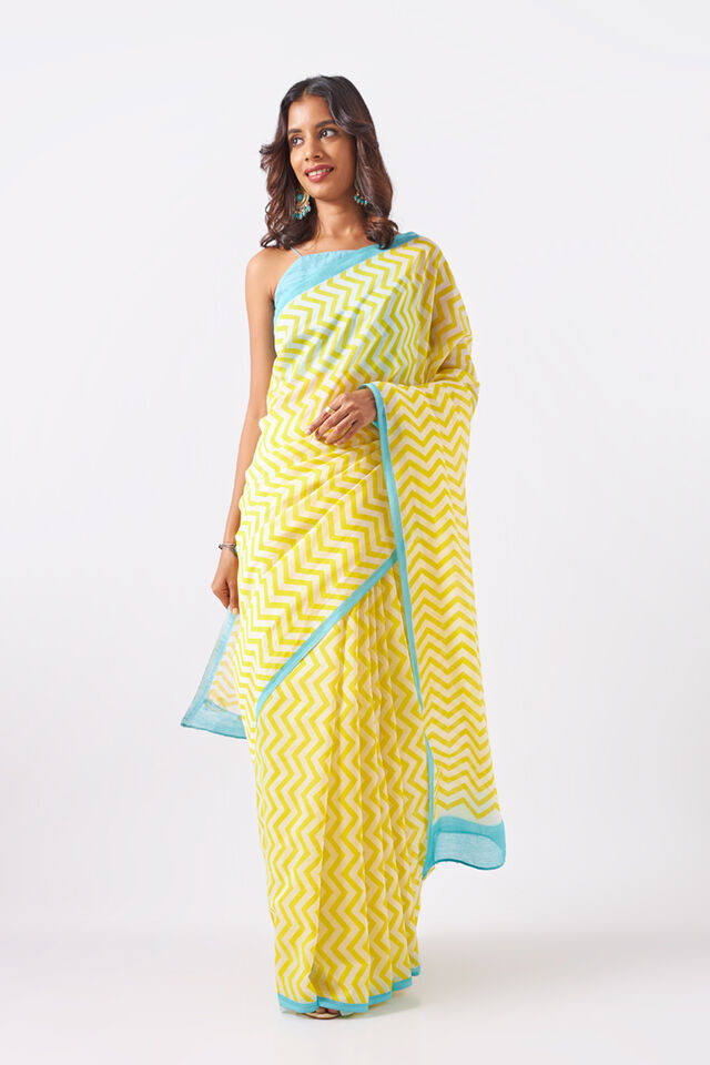 Light Yellow Pure Silk Cotton Printed Saree