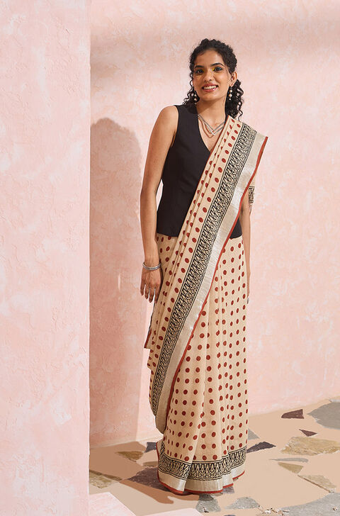Light Orange Rajasthan Bagru Block Printed Viscose Cotton Saree