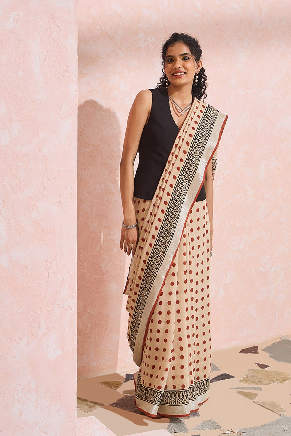 Light Orange Rajasthan Bagru Block Printed Viscose Cotton Saree image number null