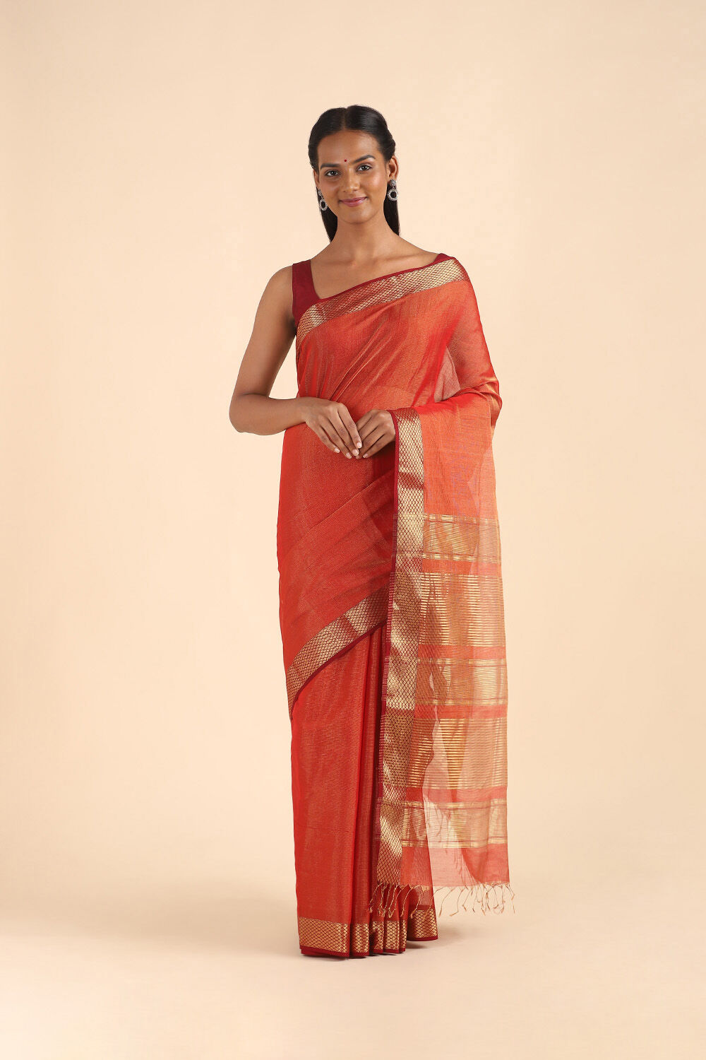 Red Pure Cotton Tissue Maheshwari Saree image number null
