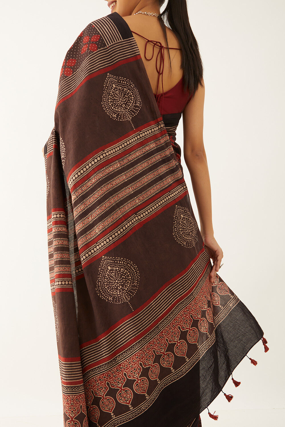 Maroon Pure Cotton Ajrakh Block Print Saree image number null