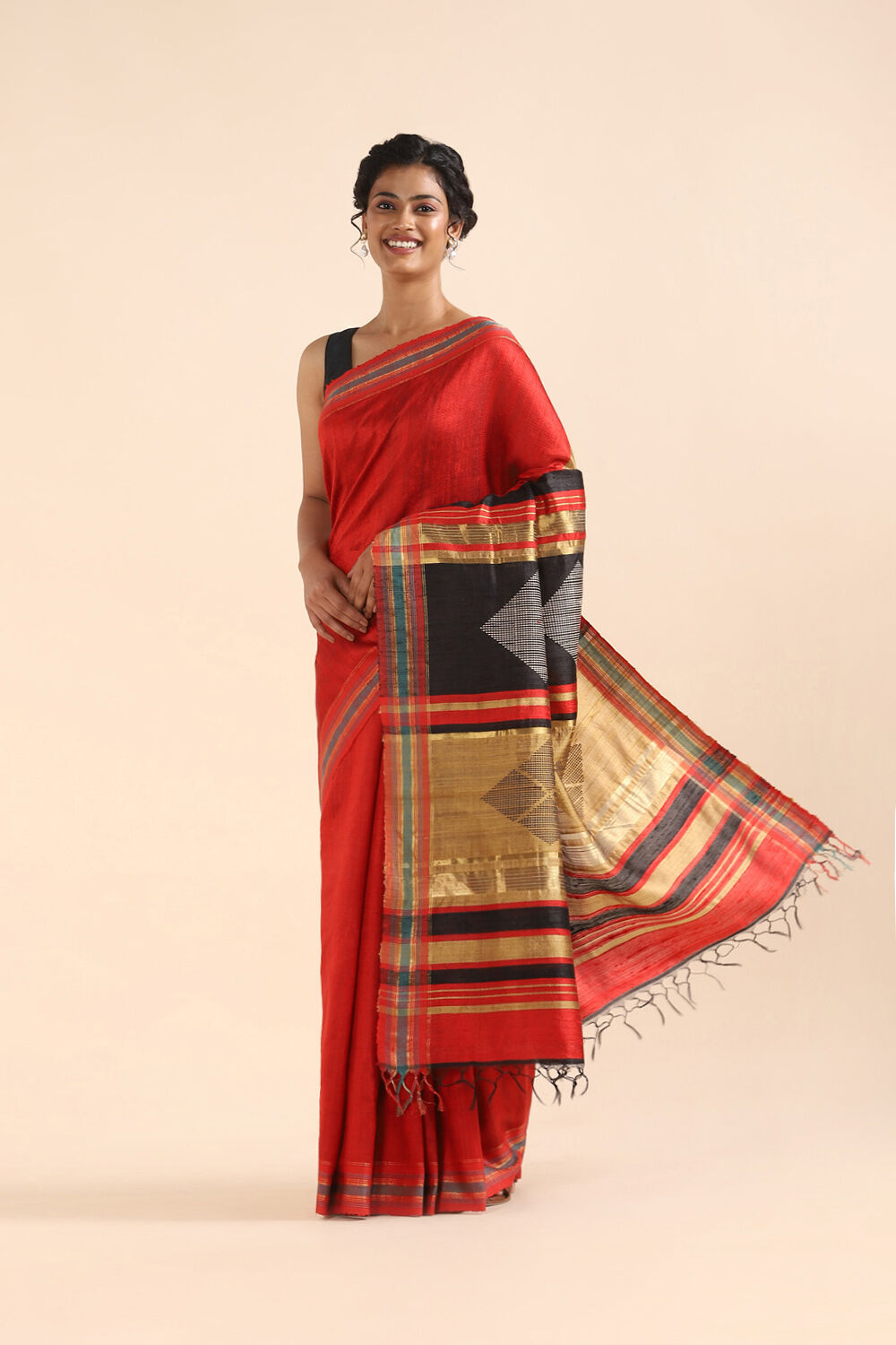 Red Pure Tussar Silk Bhagalpuri Saree image number null