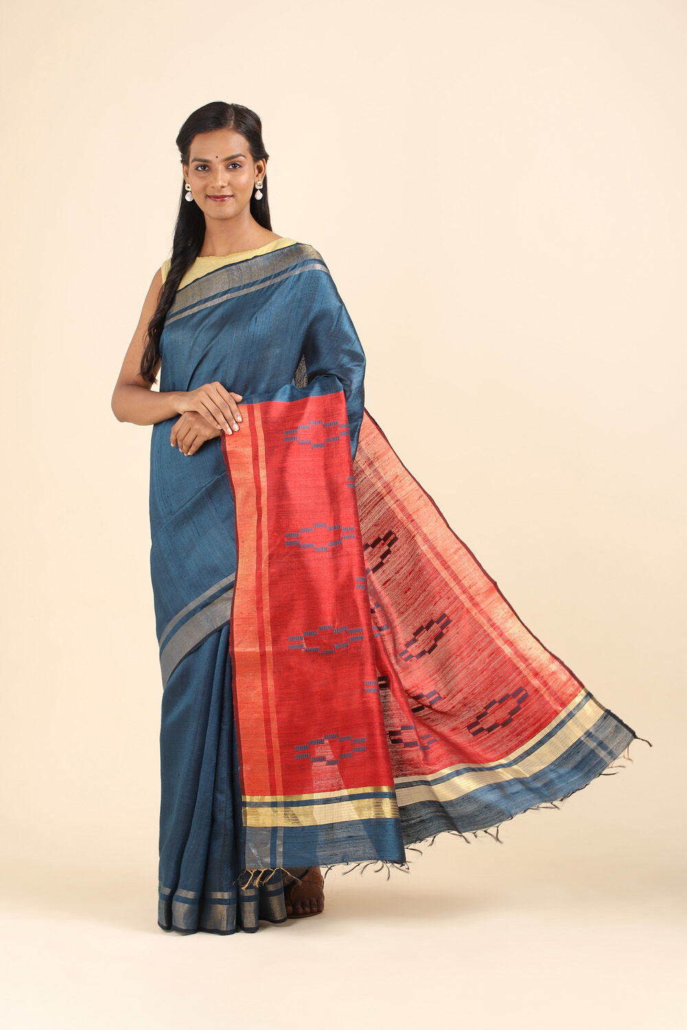 Dark Blue Pure Tussar Silk Bhagalpuri Saree image number null