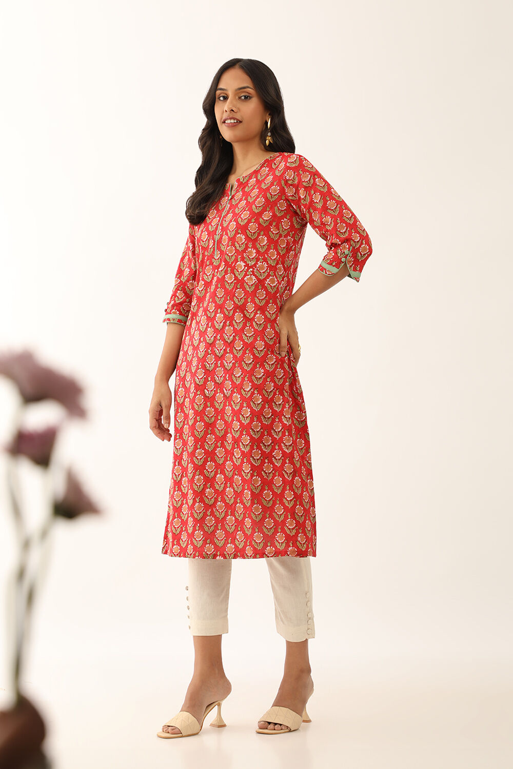 Red Pure Cotton Sanganeri Block Printed Kurta image number null