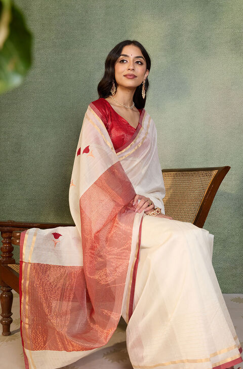 Off White Eknaliya Pure Silk Cotton Chanderi Saree