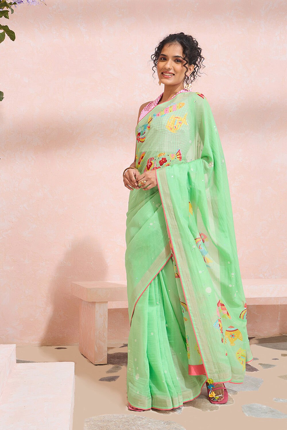 Green Pure Silk Cotton Printed Embroidery Saree image number null