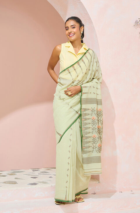 Light Green Cutwork Pure Cotton Bengal Saree