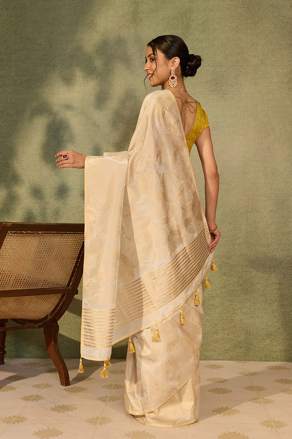 Off White Viscose Tissue Printed Embroidered Saree image number null