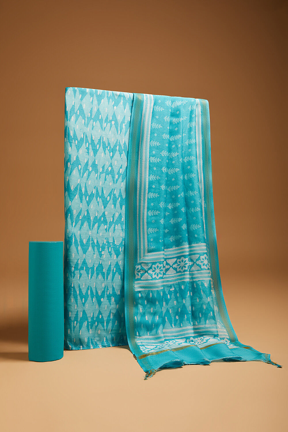 Orange & Blue Block Butti Print Cotton Unstitched Dress Material
