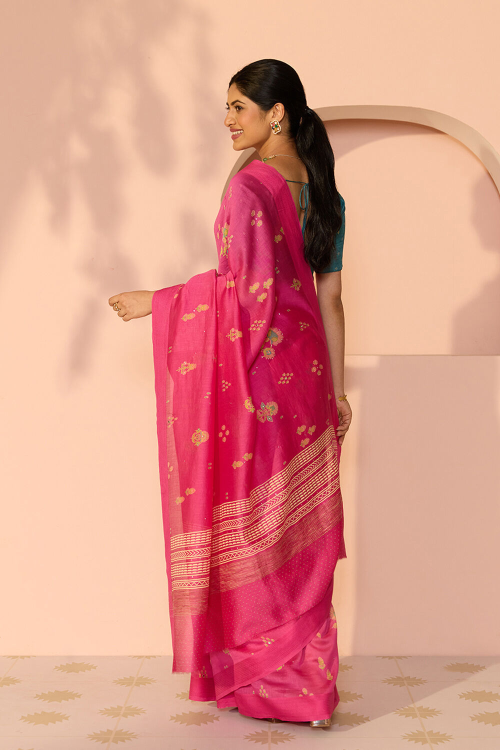 Dark Pink Mukaish Pure Silk Cotton Saree image number null