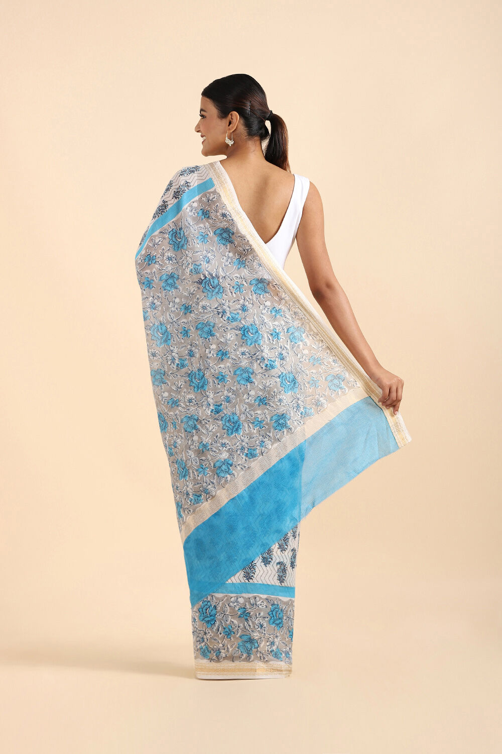 Off White Pure Silk Cotton Sanganeri Printed Saree image number null