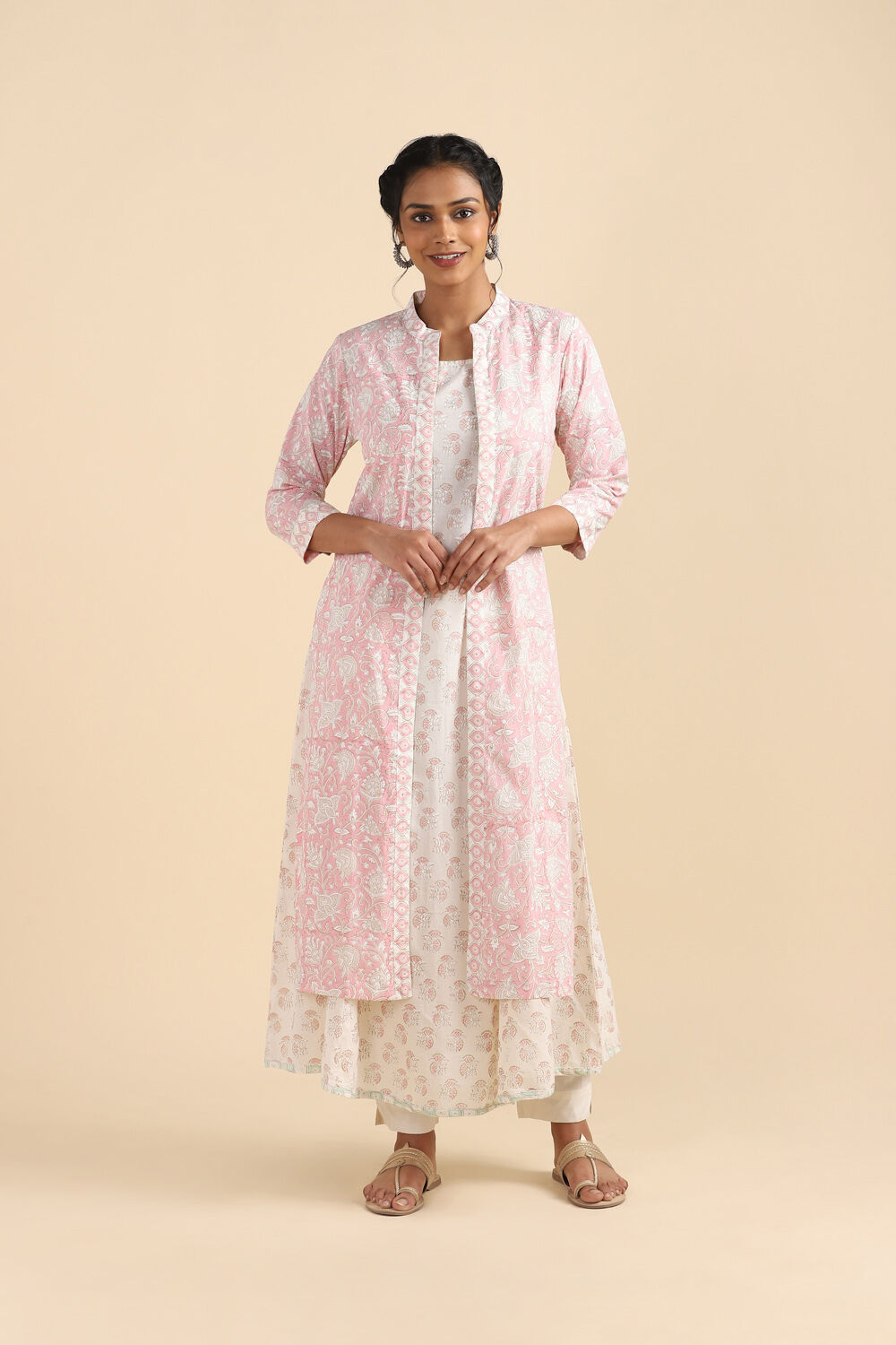 Light Pink Printed Cotton Shirt Style Kurta image number null