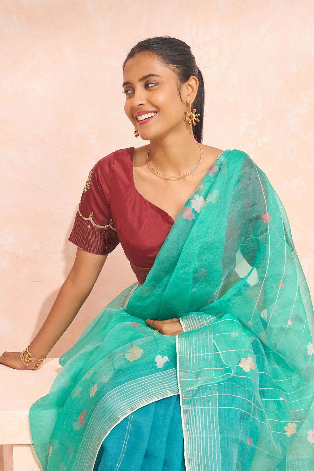 Red Pure Silk Embroidered Blouse image number null