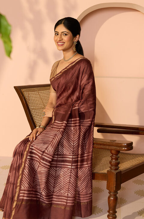 Brown Rajasthan Pure Silk Cotton Tie & Dye Shibori Saree