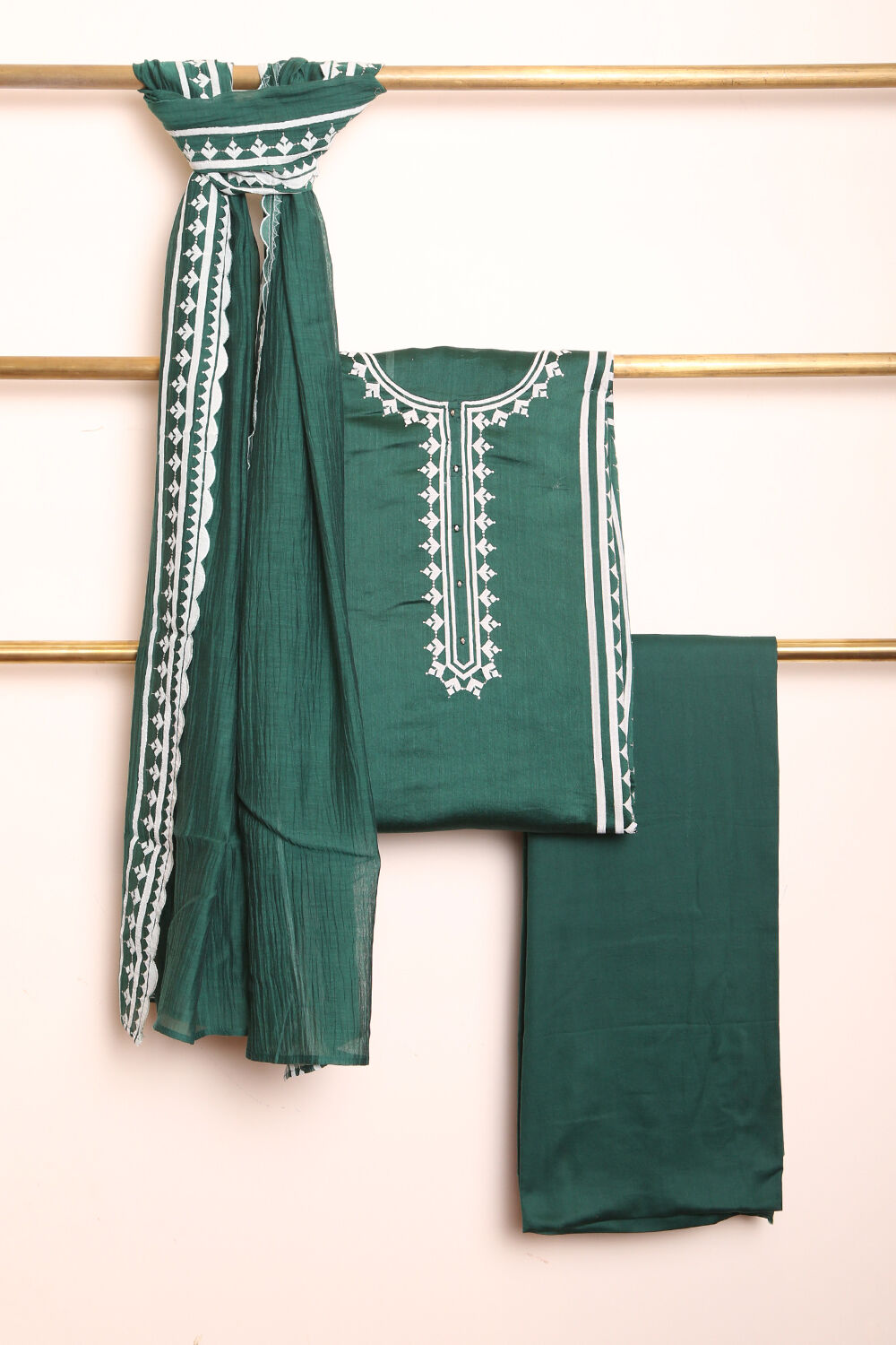 Dark Green Embroidered Pure Silk Cotton Suit Set image number null