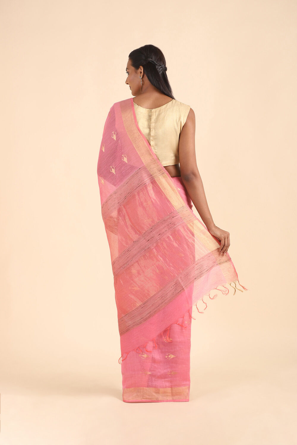 Pink Pure Silk Linen Bengal Saree image number null