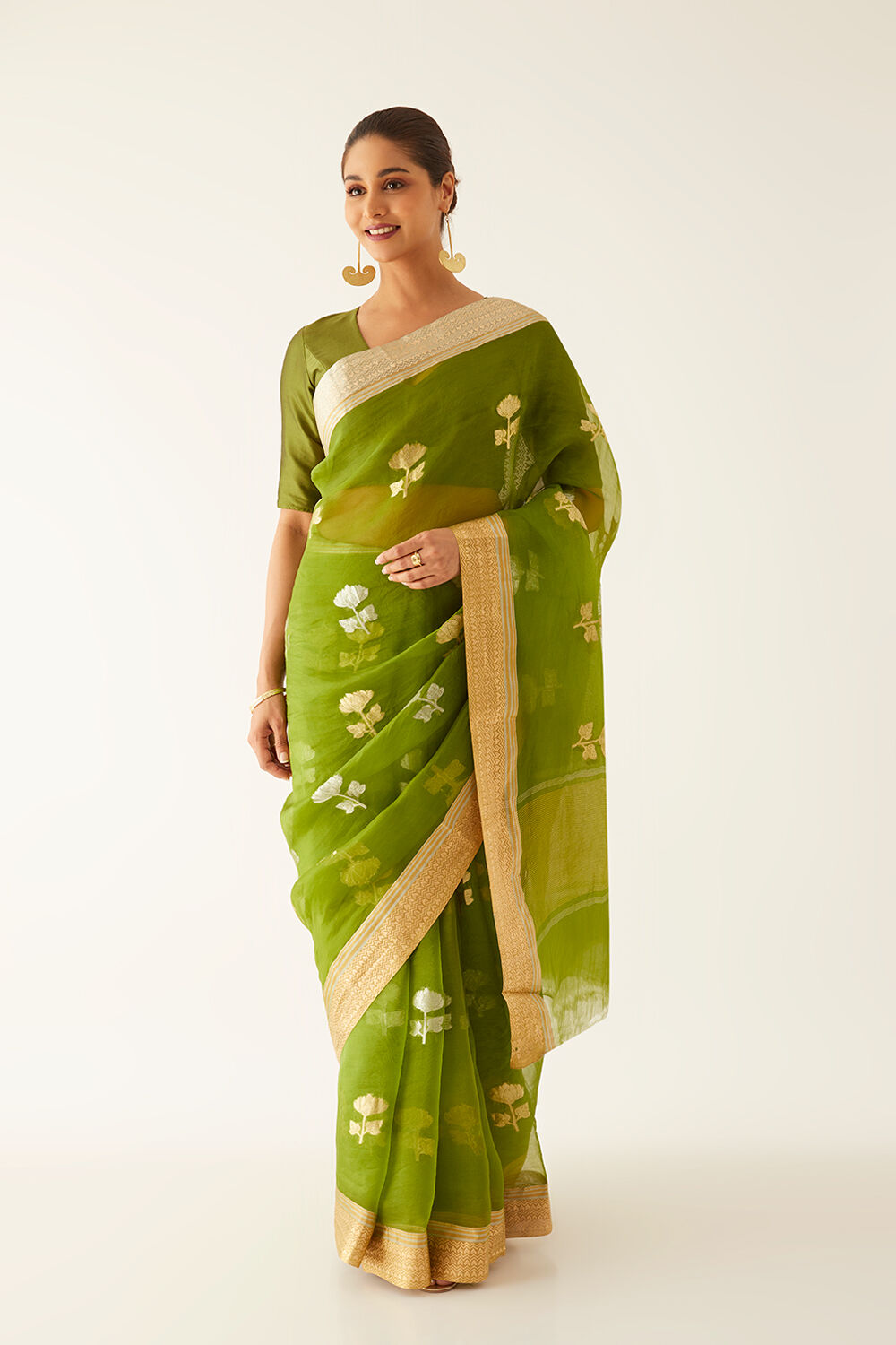 Dark Green Pure Organza Banarasi Saree image number null