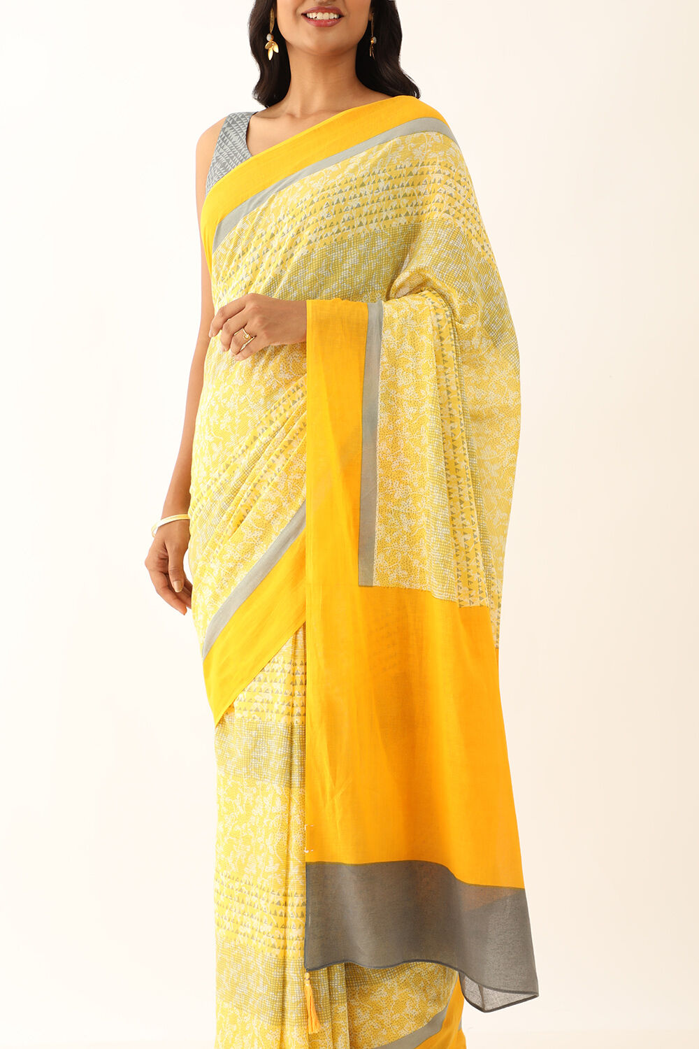 Yellow Pure Cotton Mulmul Printed Saree image number null