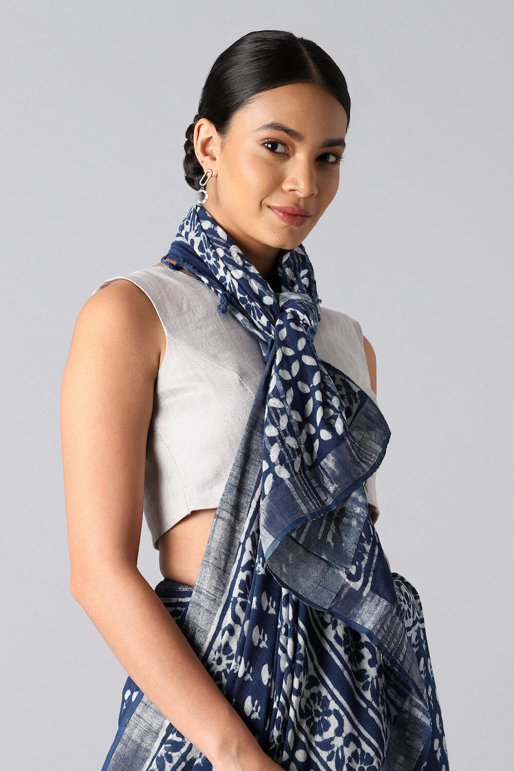 Dark Blue Pure Cotton Linen Bagru Printed Saree image number null