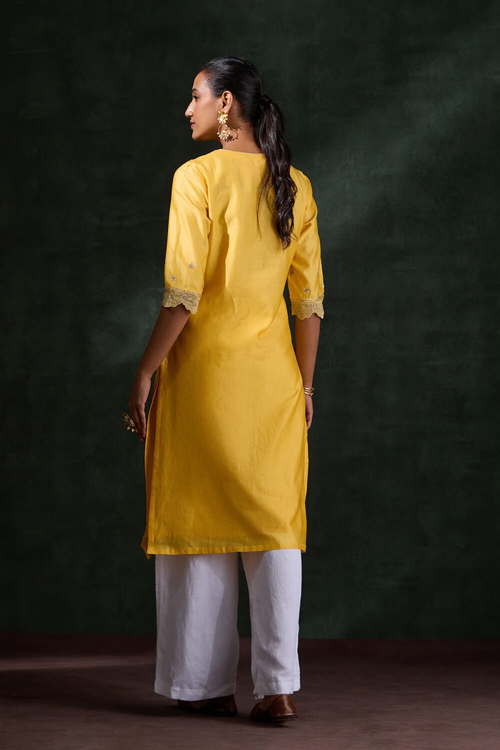 Yellow Pure Silk Cotton Embroidered Kurta image number null