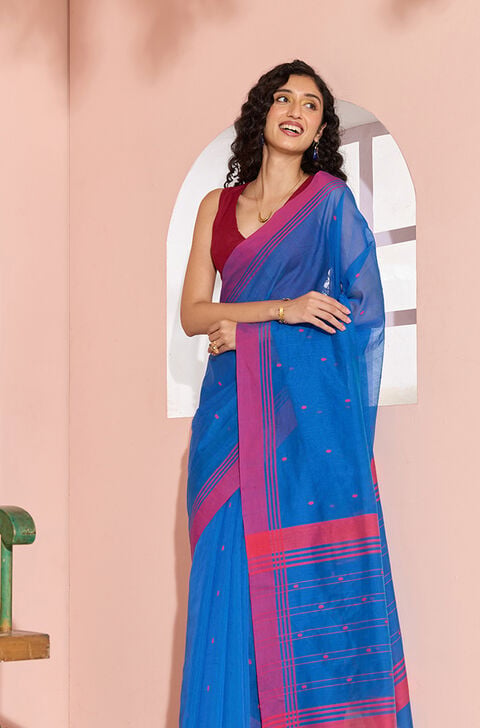 Dark Blue Woven Pure Silk Cotton Chanderi Saree