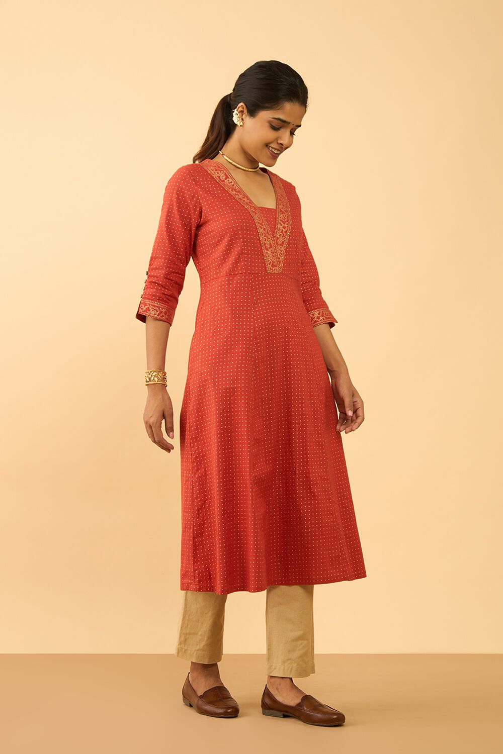Dark Orange Screen Printed Pure Cotton Kurta image number null