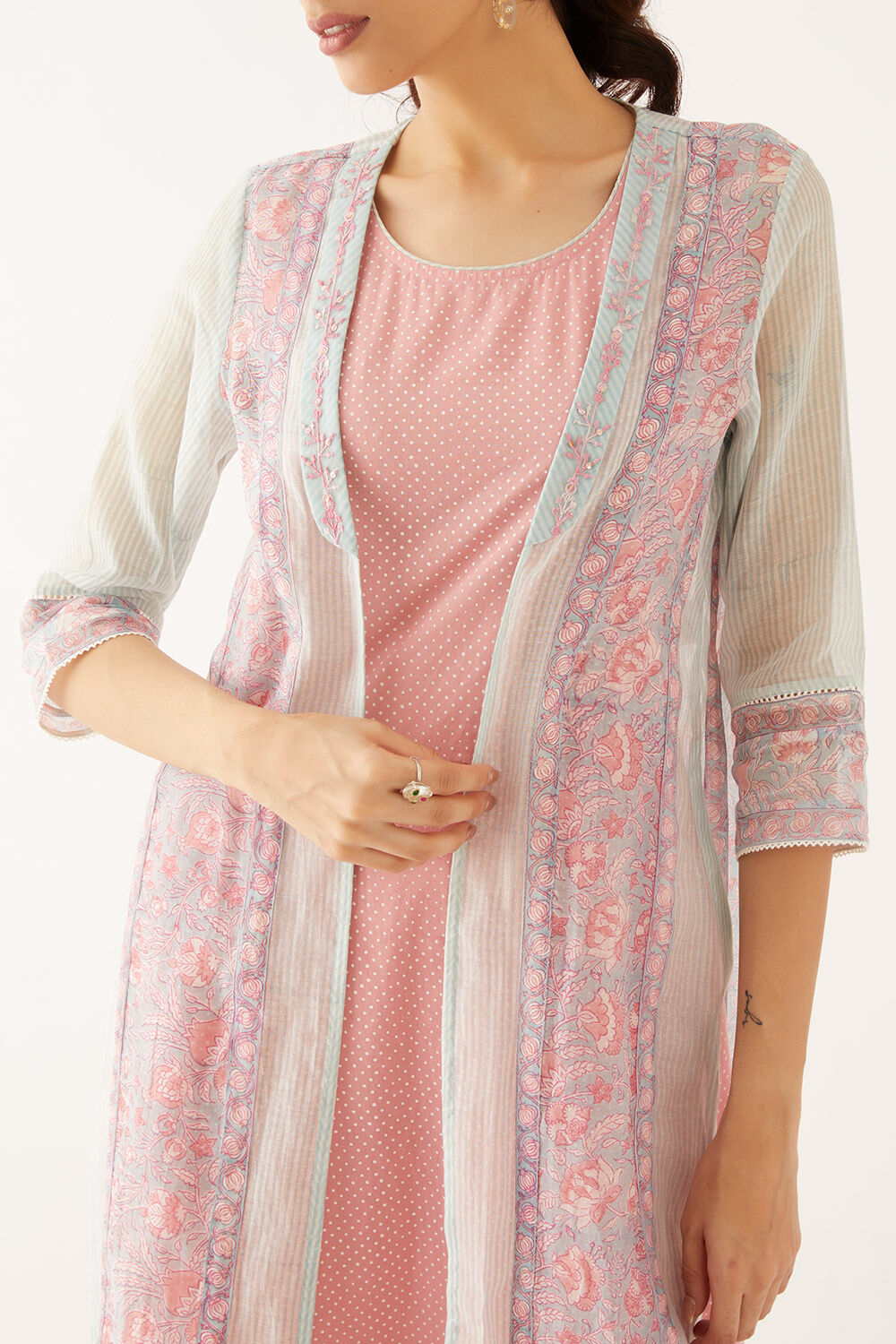 Light Pink Silk Cotton Block Printed Kurta with Light Blue Jacket image number null