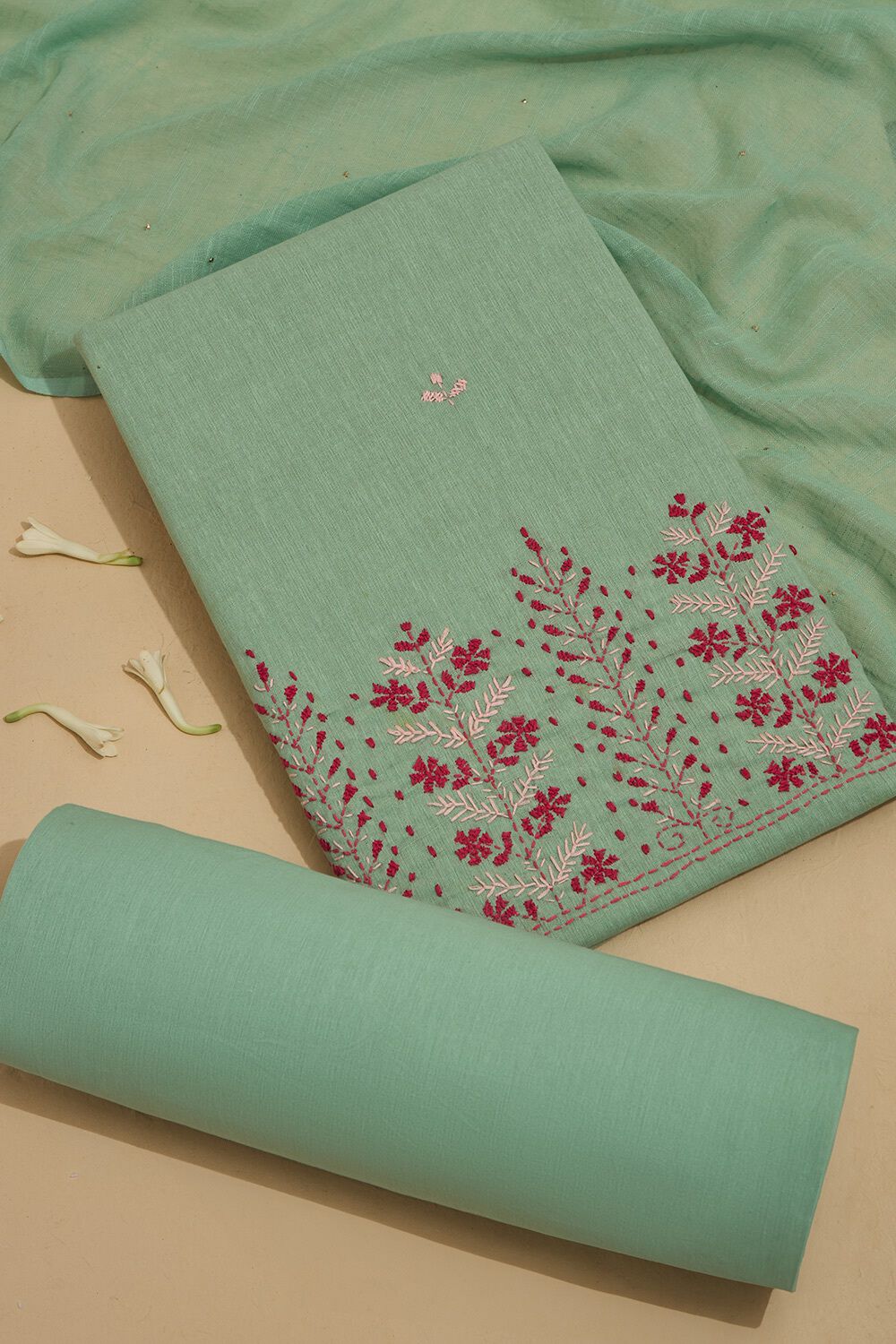 Light Green Pure Cotton Embroidered Unstitched Suit Set image number null