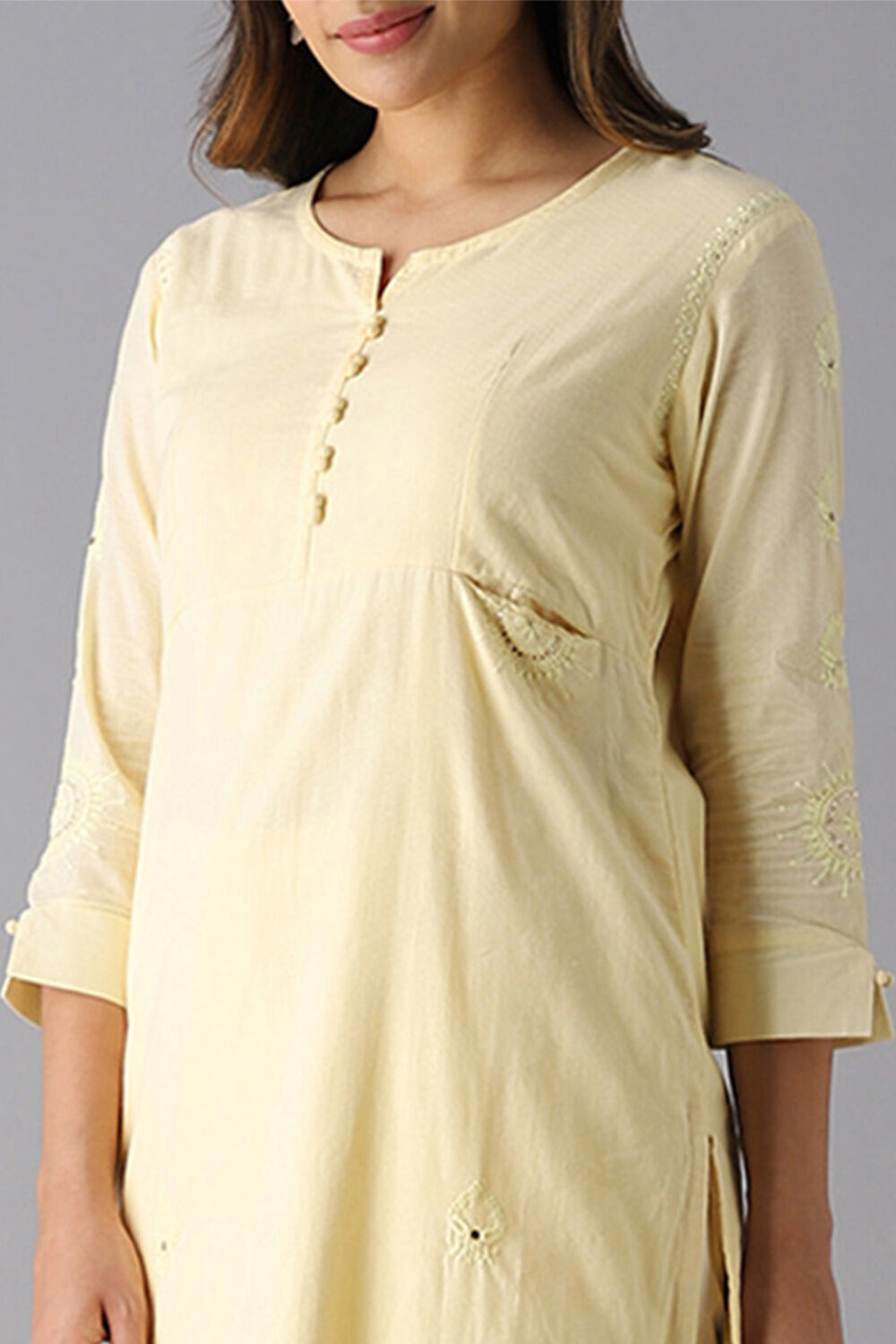 Light Yellow Cotton Embroidered Kurta image number null