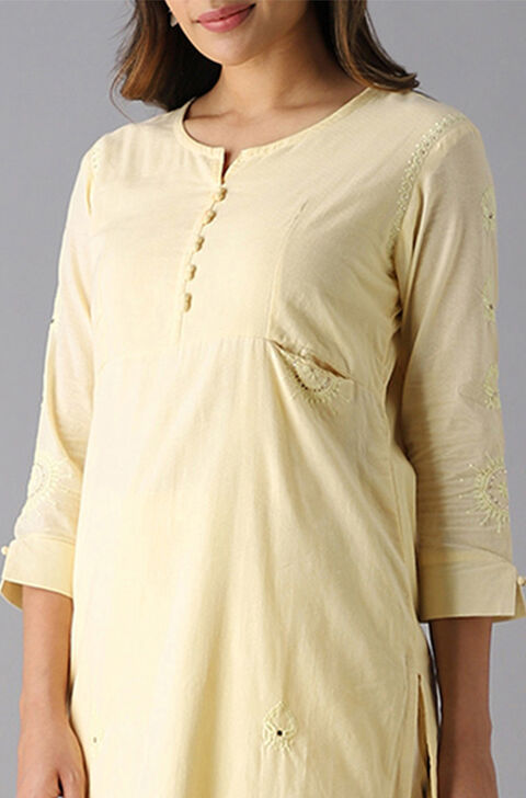Light Yellow Cotton Embroidered Kurta