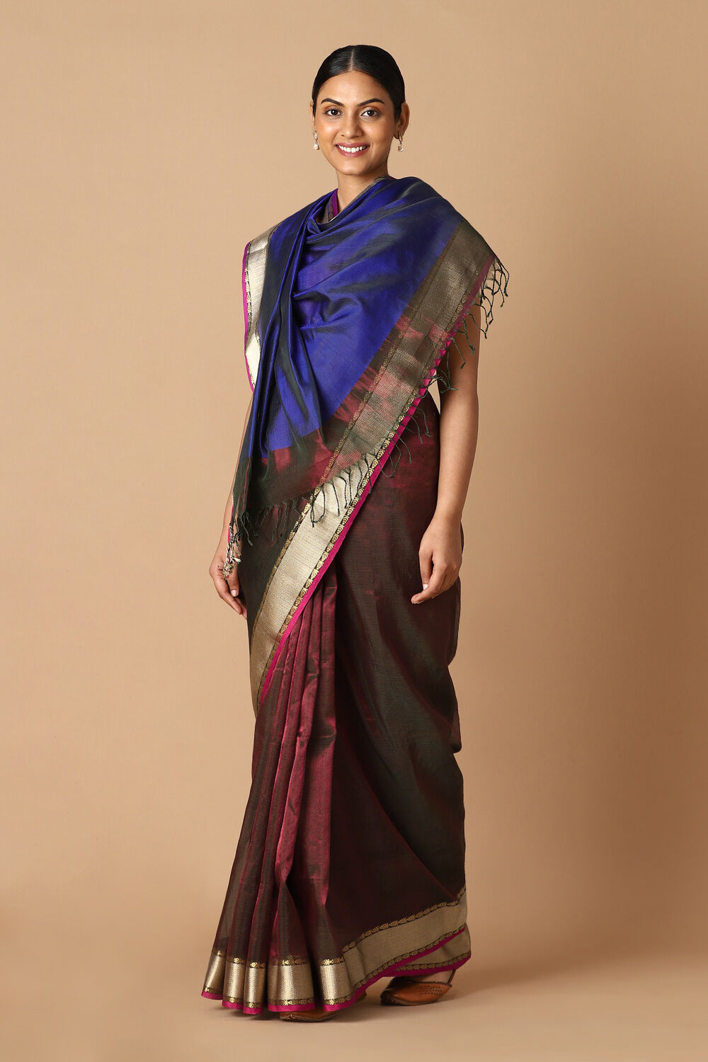Brown Pure Cotton Tissue Maheswari Saree image number null