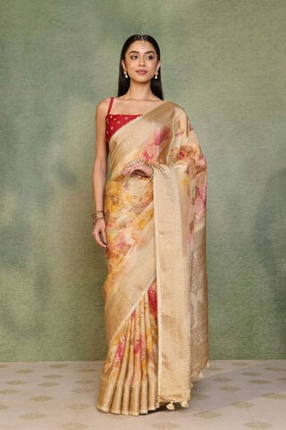 Beige Printed Viscose Tissue Saree thumbnail image number null