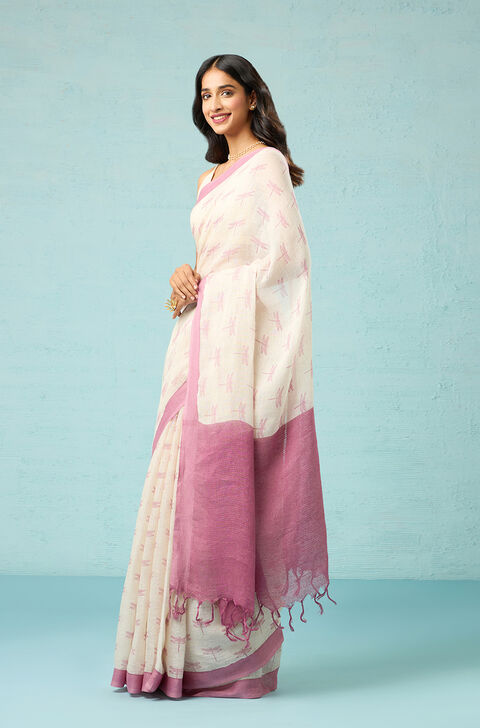 Off White Screen Printed Pure Linen Saree