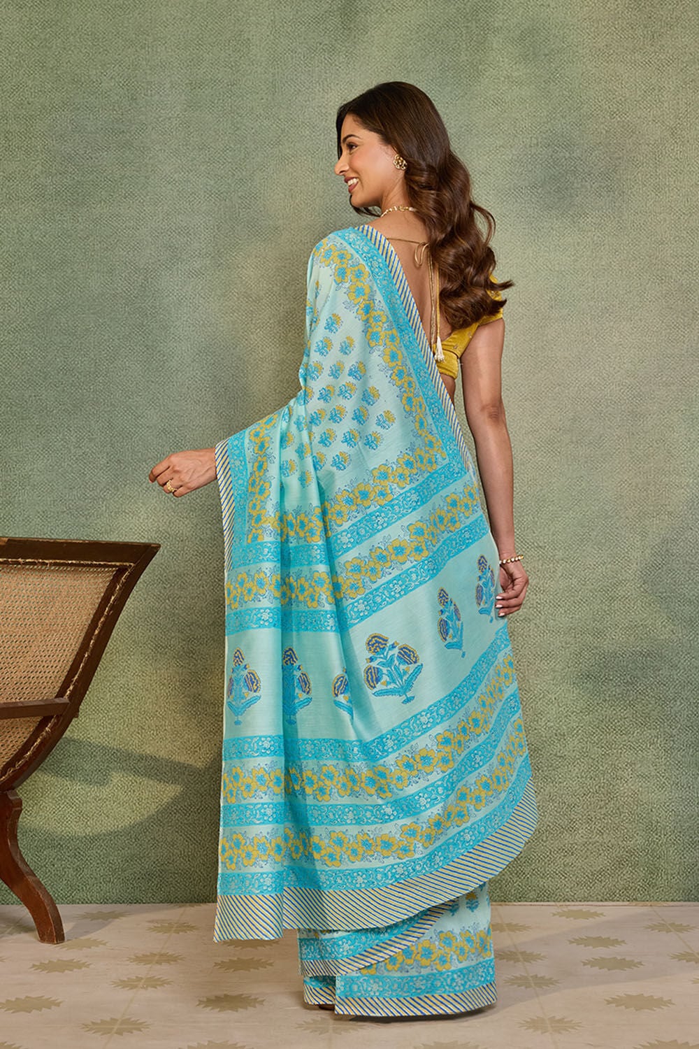 Light Blue Pure Silk Cotton Block Printed Bengal Saree image number null