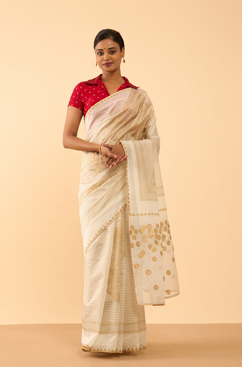Off White Pure Silk Cotton Block Printed Embroidered Saree