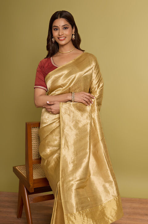 Beige Pure Silk Brocade Banarasi Saree
