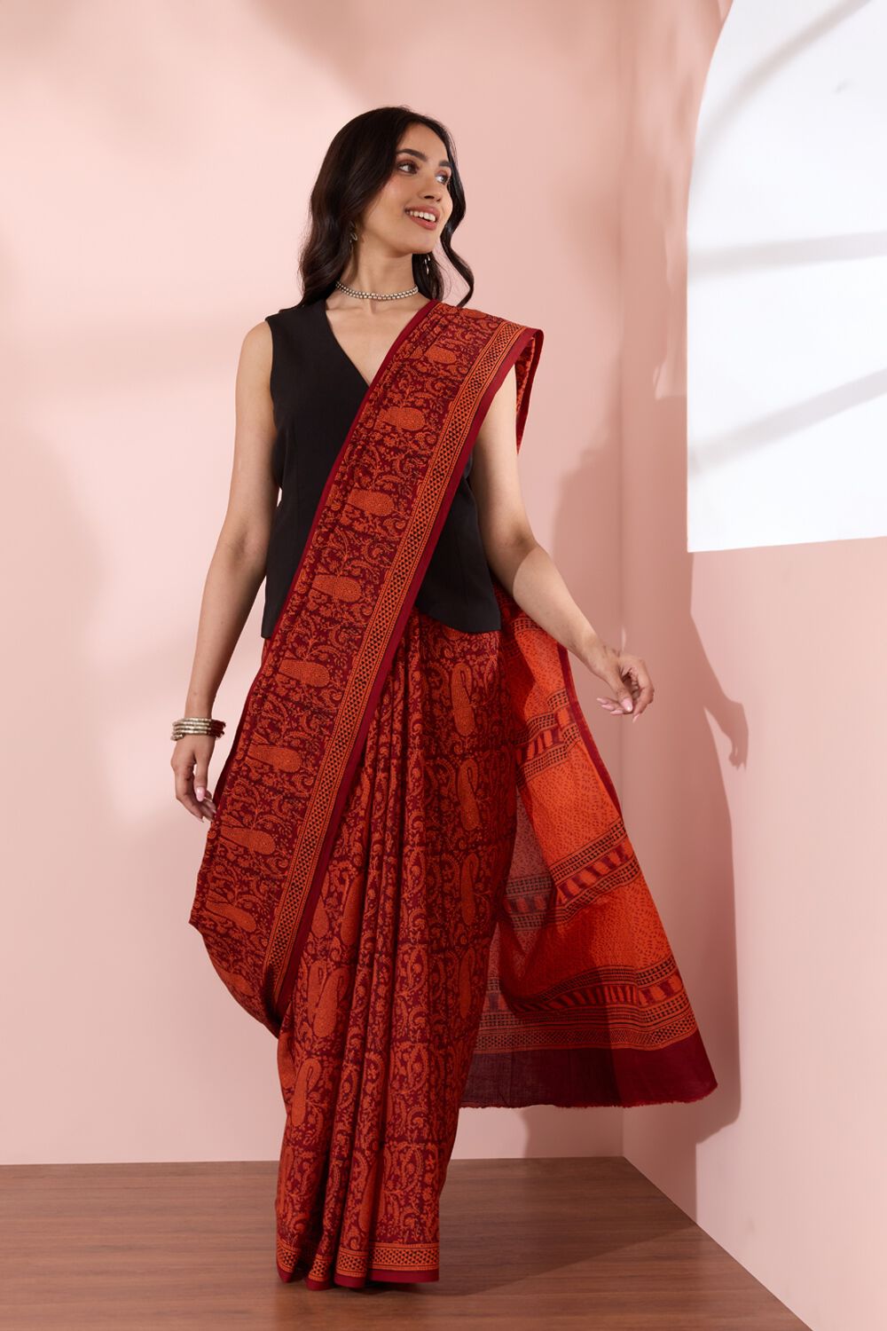 Red Bagh Block Printed Pure Cotton Saree image number null