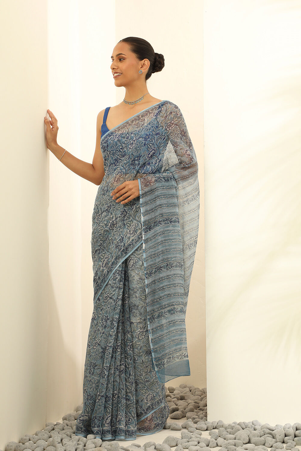 Light Blue Pure Kota Bagru Block Printed Saree image number null