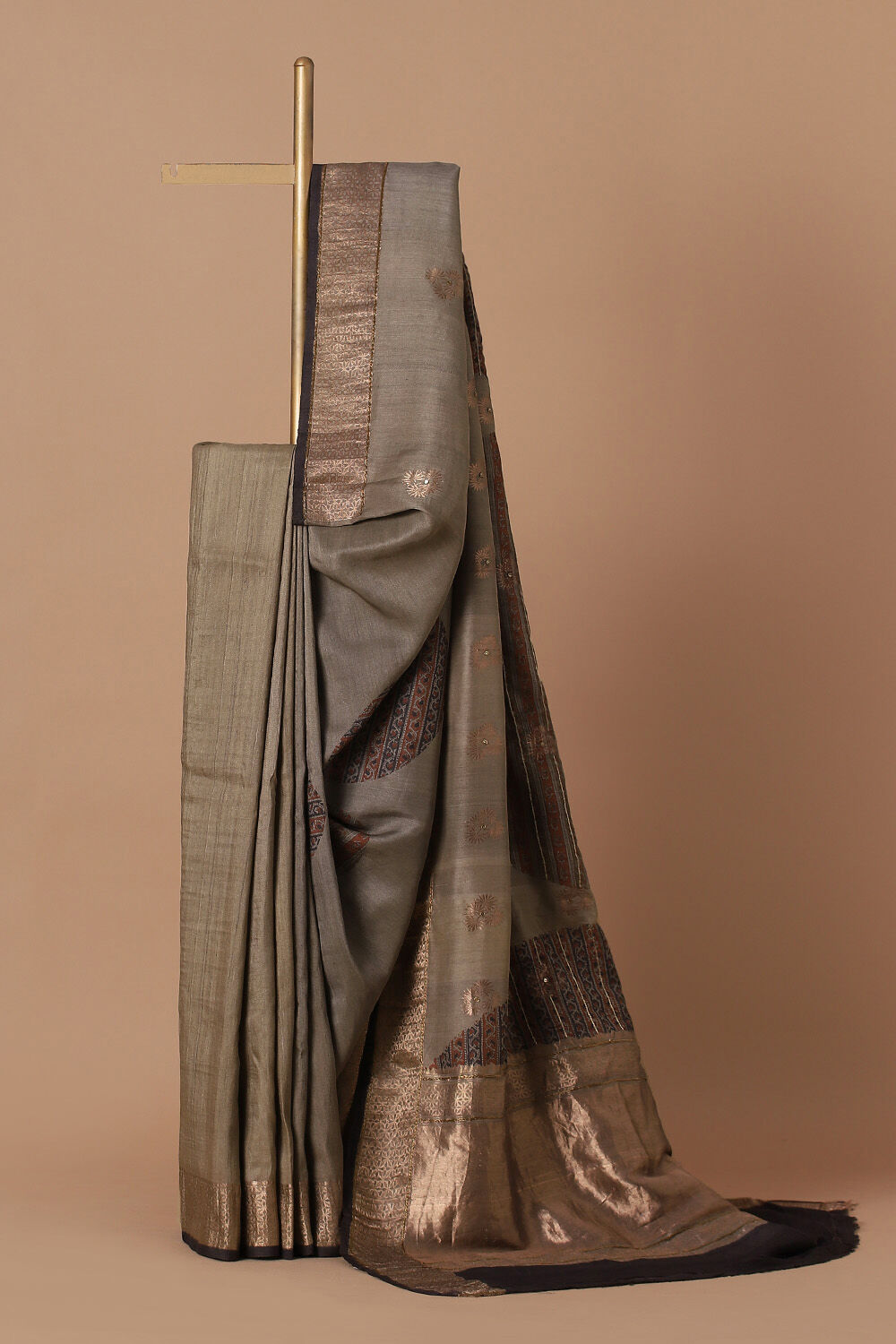 Grey Pure Silk Tussar Bagru Print and Zardosi Embroidered Saree image number null
