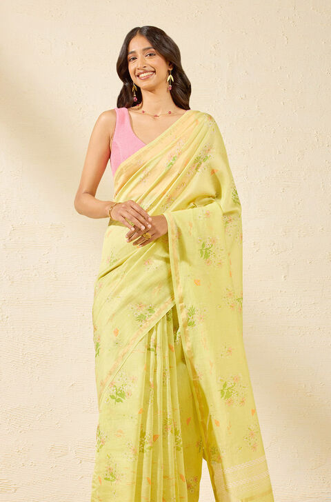 Light Green Bagru Screen Printed Pure Silk Cotton Saree