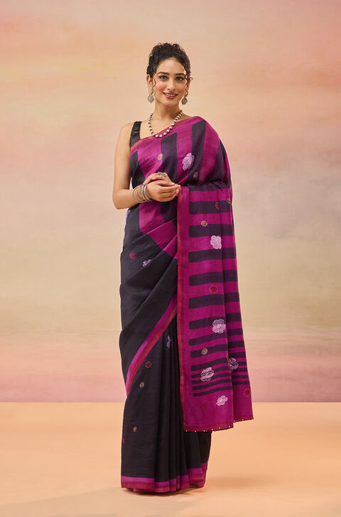 Dark Blue Bengal Pure Silk Hand Painted Embroidered Saree