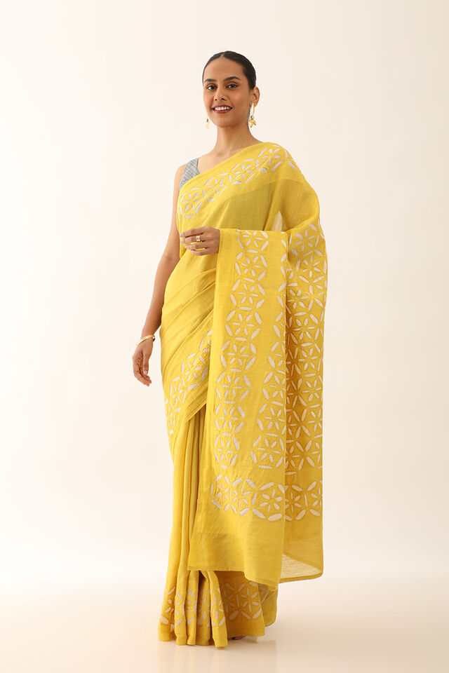 Yellow Craft Pure Tussar Silk Applique Saree