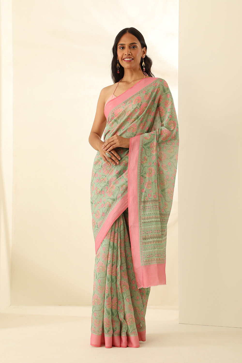 Light Green Pure Silk Cotton Printed Saree image number null